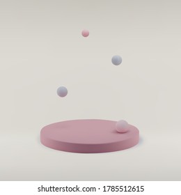 Pink round podium on a white background with pink and blue balls. For cosmetic display, exhibition, show. Minimal stage. Vector 3d realistic illustration.