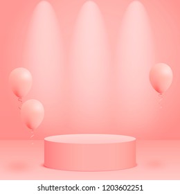 Pink round podium. Pedestal and balloons in pastel colored room with spot lights scene. Vector illustration.