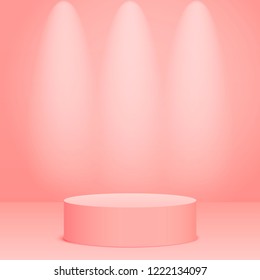 Pink round podium. Pedestal in pastel colored room with spot lights scene. Vector illustration.