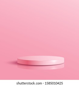 Pink round podium. Pedestal in pastel colored room with spot lights scene. Vector illustration.