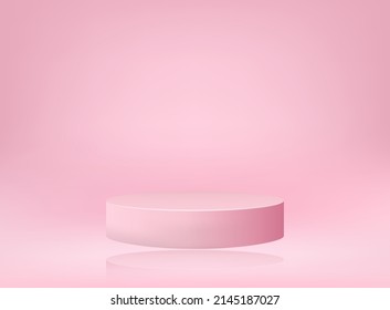 Pink round podium. A pedestal in a pastel-colored room, a cylindrical podium flies in the air.