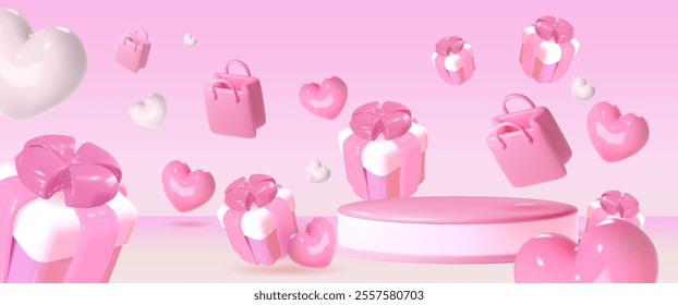 Pink round podium surrounded by floating presents, shopping bags and heart shapes. Romantic composition with pastel rose color glossy 3D elements for Valentine Day promotions, feminine product display