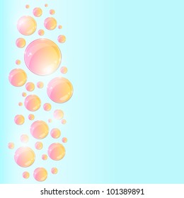 Pink Round Shiny Bubbles on Light Blue Background. Vector Card