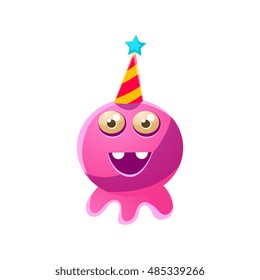 Pink Round Toy Monster In Party Hat Cute Childish Illustration. Cartoon Colorful Alien Character With Party Attribute Isolated On White Background.