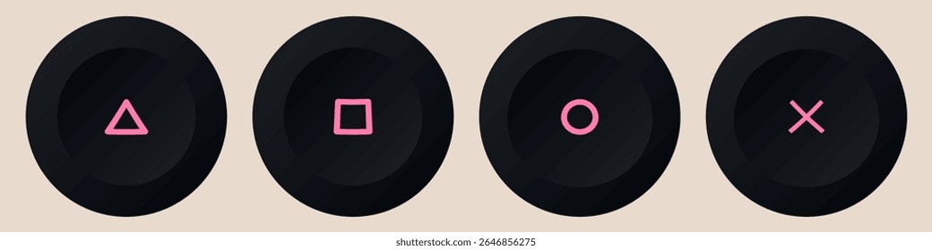 Pink round video game controller buttons. Pink buttons with geometric shapes