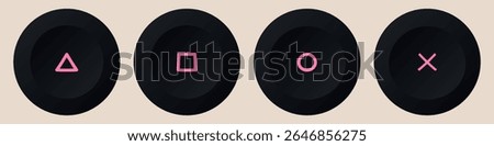 Pink round video game controller buttons. Pink buttons with geometric shapes