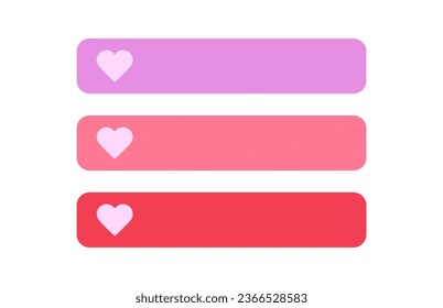 Botón rectángulo redondeado rosa con ilustración del vector del corazón, lista de hamburguesas, etiqueta de nombre clipart, barra de estado, símbolo de amor.