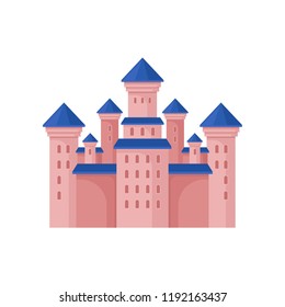 Pink royal castle with high towers and blue roof. Large fairy tale building. Flat vector element for children book