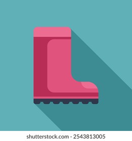 Pink rubber boot standing side view with long shadow on turquoise background, flat design vector illustration