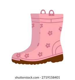 Botas de goma rosa con patrón floral, botas de goma de jardín, Vector de calzado impermeable. Par de botas de goma rosa con estilo con patrón floral y suela embarrada. Concepto de jardinería, Clima lluvioso o diversión de primavera