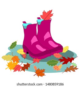 Pink rubber boots in puddle of water autumn fashion waterproof footwear vector illustration