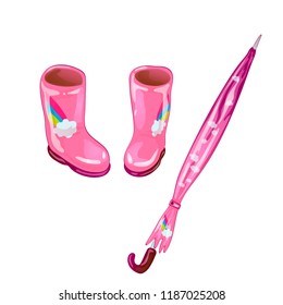 Pink rubber boots and umbrella in a vector style isolated. Vector for background, texture, wrapper pattern, frame or border.