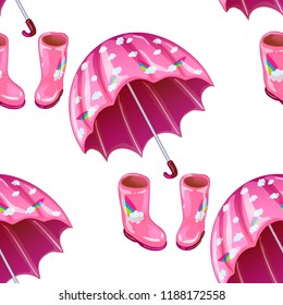 Pink rubber boots and umbrella in a vector style isolated. Seamless background pattern. Fabric wallpaper print texture. Vector for background, texture, wrapper pattern, frame or border.