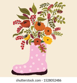 Pink rubber boots with white polka dots. Autumn color flowers in a boot. Seasonal floral vector illustration with bouquet.