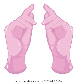 Pink rubber goves flat vector illustration isolate on a white background. Vector realistic nurse, doctor hand wearing sterile pink latex gloves. Protective hygiene equipment, clinic poster advertising