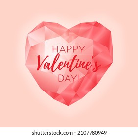 Pink Rubin in the shape of a heart. Greeting lettering Happy Valentines day Red gemstone, decor for Valentine s Day. Isolated on a pink background. 3d realistic vector illustration.