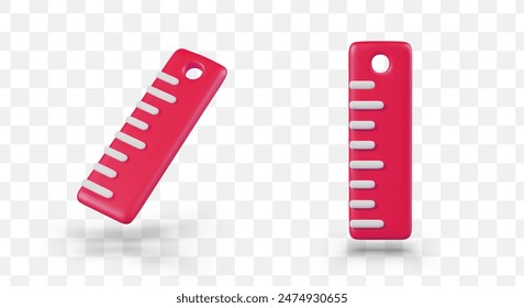 Pink ruler in different positions. Plastic device for measuring distance
