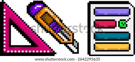Pink ruler orange utility knife and checklist sheet rendered in bright pixel icon style for task and measurement visuals. Concept of DIY and construction planning, workspace tools