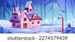 Pink rural house on winter forest glade near frozen lake. Vector cartoon illustration of country cottage building surrounded by snowy spruce trees, blue river, old lantern. Game background