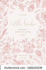 Pink rustic wedding invitation. Little garden. Botanical vector illustration.
