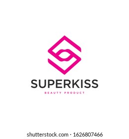 pink S letter initial geometry with woman lip kiss shape logo vector template
