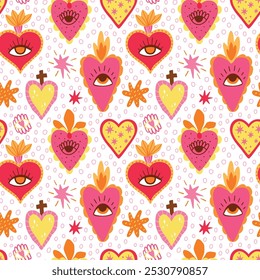 Pink sacred hearts seamless pattern. Cute traditional Mexican hearts with eyes, stars and polka dots. Vector hand drawn print, background, wallpaper, textile design. Magic folk illustration