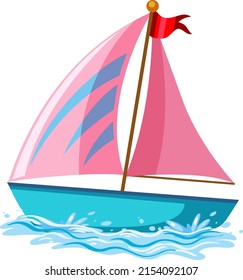 Pink sailboat on the water in cartoon style illustration