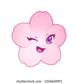 Pink sakura blossom emoji. Winking smiley with a cute anime face. Cartoon cherry flower. Chat emoji for hanami, Japanese tradition of enjoying the flowers. Isolated vector icon. Floral paper sticker