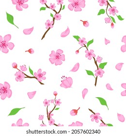 Pink sakura blossom flowers, petals and branches seamless pattern. Japanese spring cherry blooming print. Romantic floral vector wallpaper. Floral design with falling twigs and foliage
