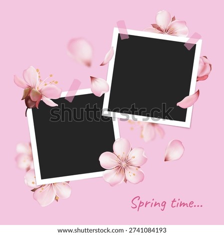 Pink sakura blossoms and falling petals decorate two blank photo frames on a soft pastel background, creating a delicate spring greeting or memory collage template.