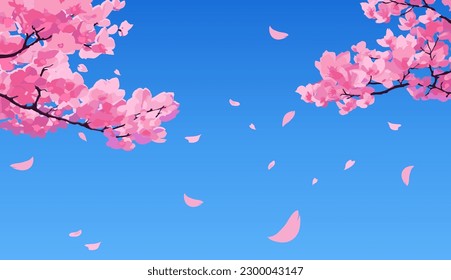 Pink sakura branch with petals falling against bright blue sky background. Vector image in manga and anime style.