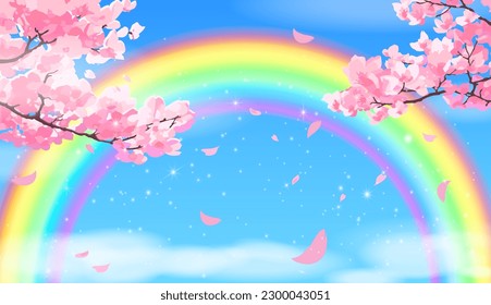 Pink sakura branches against a blue sky with clouds and rainbows. Vector holiday background in manga and anime style.