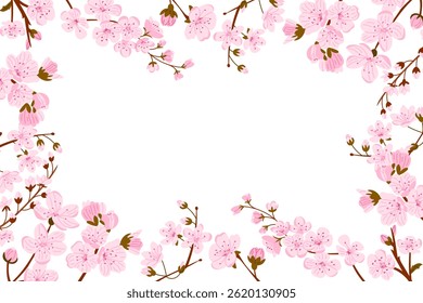 Pink sakura branches forming a floral frame with empty space in the center. Spring blossom vector ideal for seasonal greetings, romance, and natural beauty themes