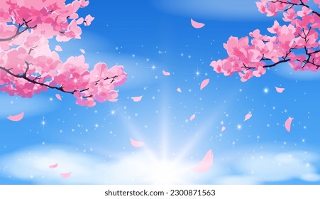 Pink sakura branches with petals falling against a bright blue sky with clouds. Vector background in manga and anime style.