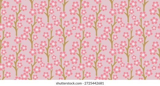 Ramas Sakura rosadas, patrón sin fisuras, Vector. Patrón sin fisuras con ramas de sakura y flores rosadas sobre fondo claro. Diseño floral de inspiración japonesa para impresión textil y patrones de superficie.