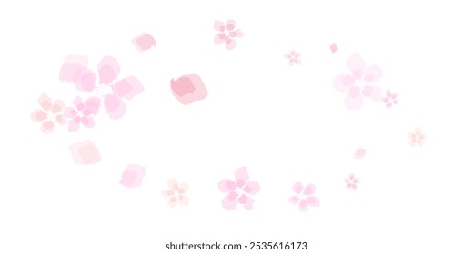 Pink sakura falling petals on transparent background. Flying petals on white wide background. 