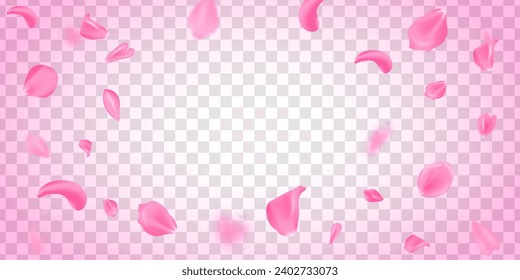 Pink sakura falling petals vector background. Flying rose illustration. Love card template