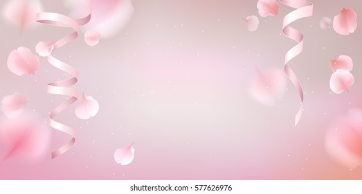 Pink sakura falling petals vector background. 3D romantic illustration with Ribbon