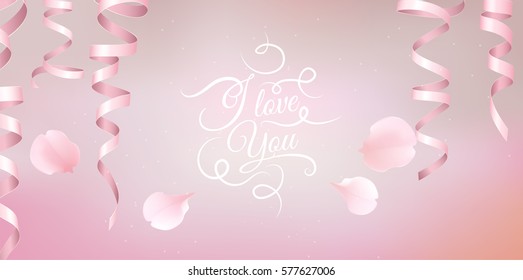Pink sakura falling petals vector background. 3D romantic illustration with Ribbon