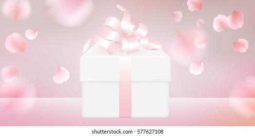 Pink sakura falling petals vector background. 3D romantic illustration with gift box and silk bow ribbon