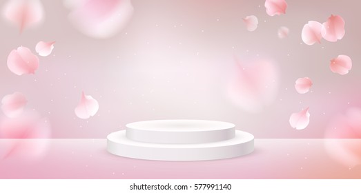 Pink sakura falling petals vector background. 3D romantic illustration with empty podium