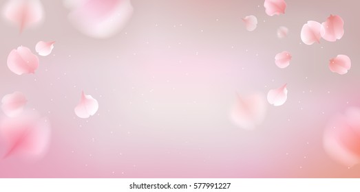 Pink sakura falling petals vector background. 3D romantic illustration with copy space