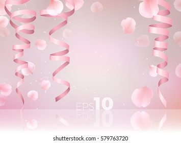 Pink sakura falling petals vector background. 3D romantic illustration with Ribbon