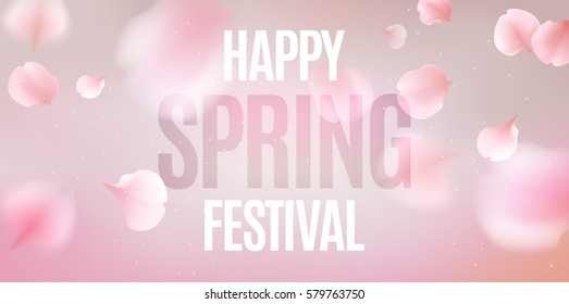 Pink sakura falling petals vector background. 3D romantic illustration with Happy Spring Festival text