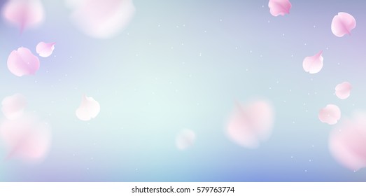 Pink sakura falling petals vector background. 3D romantic illustration with copy space