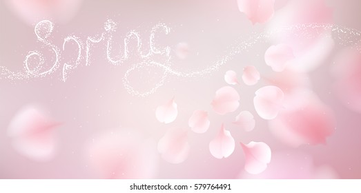 Pescado de pétalos de caída rosado fondo vectorial. Ilustración romántica 3D con texto de primavera. diseño creativo de color blando para tarjetas de felicitación, volante, invitación, plantilla con espacio de copia