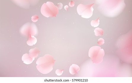 Pink sakura falling petals vector background. 3D romantic illustration. creative soft color design for greeting card, flyer, poster, brochure, banner template with copy space