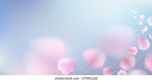 Pink sakura falling petals vector background. 3D romantic illustration with copy space