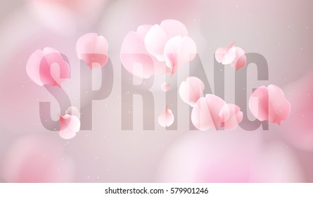 Pink sakura falling petals vector background. 3D romantic illustration with Spring text. creative soft color design for greeting card, flyer, invitation, poster, brochure, banner template
