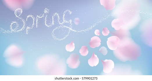 Pink sakura falling petals vector background. 3D romantic illustration with Spring text. creative soft color design for greeting card, flyer, poster, brochure, banner template with copy space